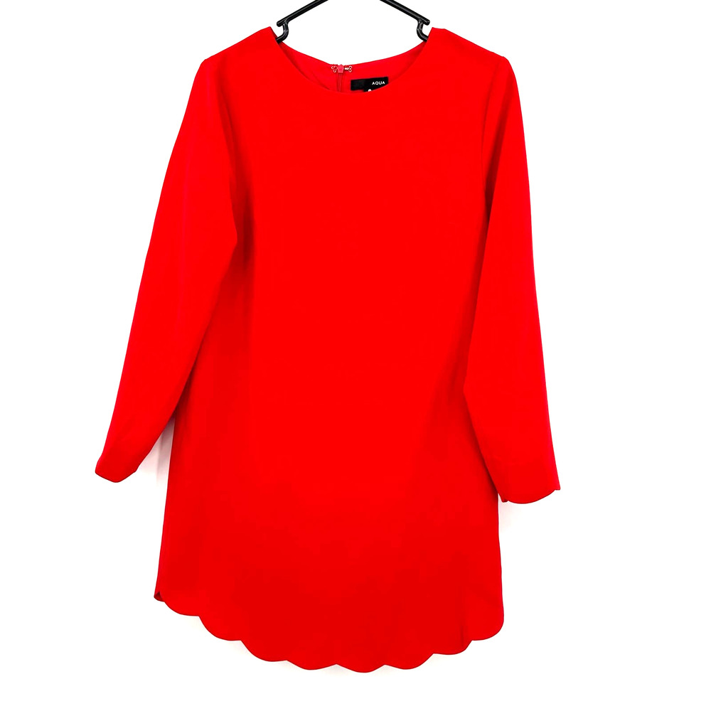 Aqua size small red long sleeve shift style dress hidden rear zip up scallop hem